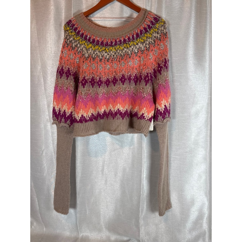 NWT S Free People Home For The Raspberry Combo Fair Isle Knit Cropped Sweater